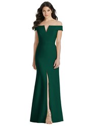 Off-the-Shoulder Notch Trumpet Gown with Front Slit - 3038 - Hunter Green