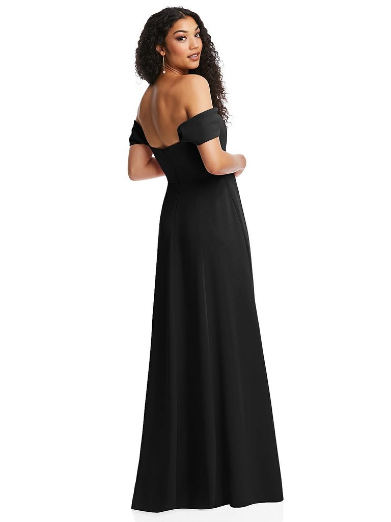 Off-The-Shoulder Pleated Cap Sleeve A-line Maxi Dress - 3124