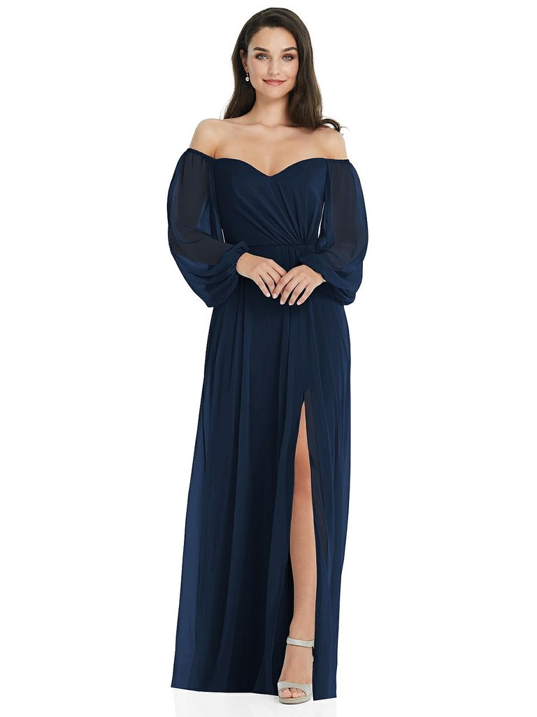 Off-The-Shoulder Puff Sleeve Maxi Dress with Front Slit - 3104  - Midnight Navy