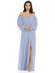 Off-The-Shoulder Puff Sleeve Maxi Dress with Front Slit - 3104  - Sky Blue