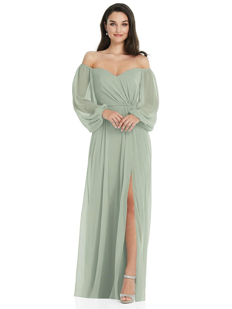Off-The-Shoulder Puff Sleeve Maxi Dress with Front Slit - 3104  - Willow Green
