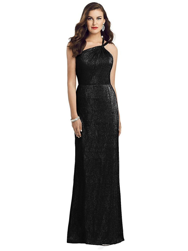 One-Shoulder Twist Metallic Trumpet Gown - 3064 - Black