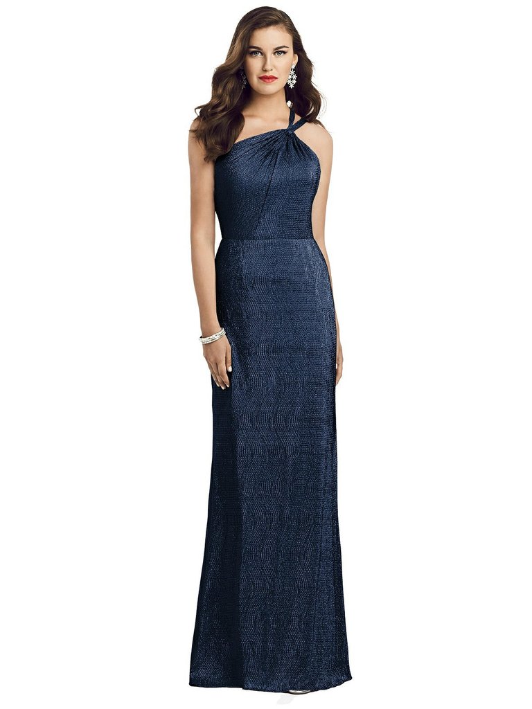 One-Shoulder Twist Metallic Trumpet Gown - 3064 - Midnight Navy