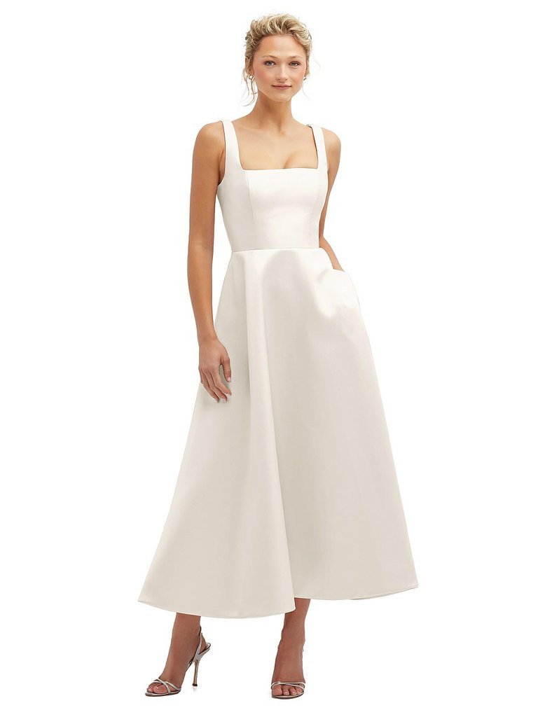 Square Neck Satin Midi Dress With Full Skirt & Pockets - 3140 - Ivory