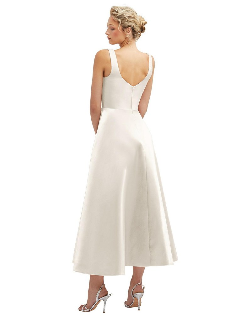 Square Neck Satin Midi Dress With Full Skirt & Pockets - 3140