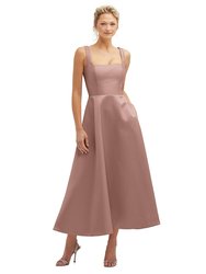 Square Neck Satin Midi Dress With Full Skirt & Pockets - 3140 - Neu Nude