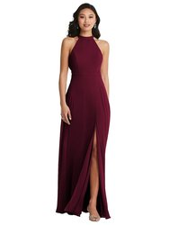 Stand Collar Halter Maxi Dress With Criss Cross Open-Back - 3082 - Cabernet