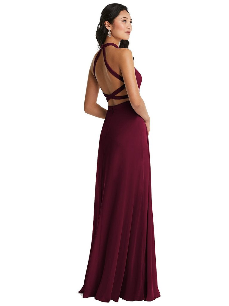 Stand Collar Halter Maxi Dress With Criss Cross Open-Back - 3082