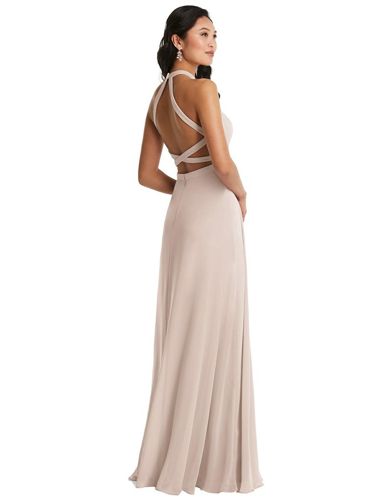 Stand Collar Halter Maxi Dress With Criss Cross Open-Back