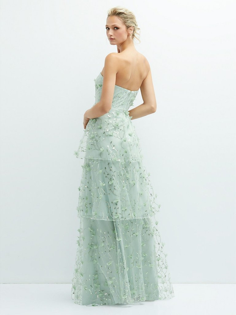 Strapless 3D Floral Embroidered Dress with Tiered Maxi Skirt - 3138