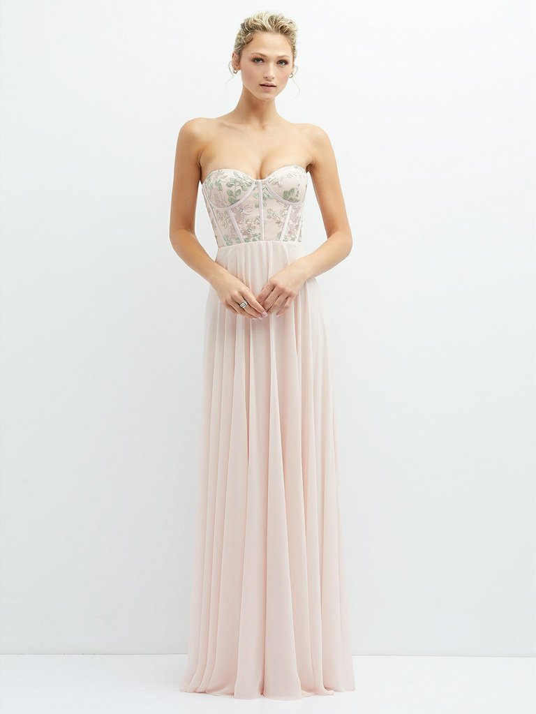 Strapless Floral Embroidered Corset Maxi Dress With Chiffon Skirt - 3136 - Blush