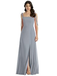 Tie Shoulder Chiffon Maxi Dress with Front Slit - Platinum