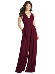 V-Neck Backless Pleated Front Jumpsuit - 3046 - Cabernet