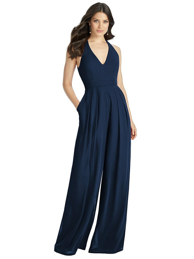 V-Neck Backless Pleated Front Jumpsuit - 3046 - Midnight Navy