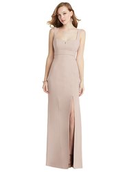 Wide Strap Notch Empire Waist Dress with Front Slit - 6838 - Cameo