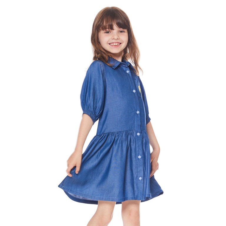 3/4 Sleeve Dress With Pocket - Blue Chambray