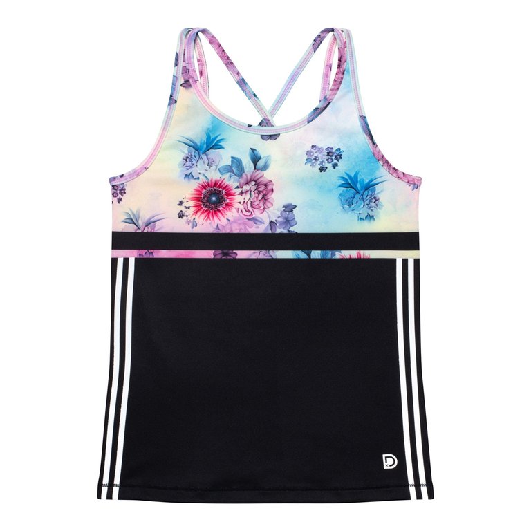 Athletic Tank Top Multicolor With Printed Flowers & Black - Multi