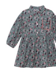 Long Sleeve Baby Corduroy Printed Dress - Green With Printed Flowers