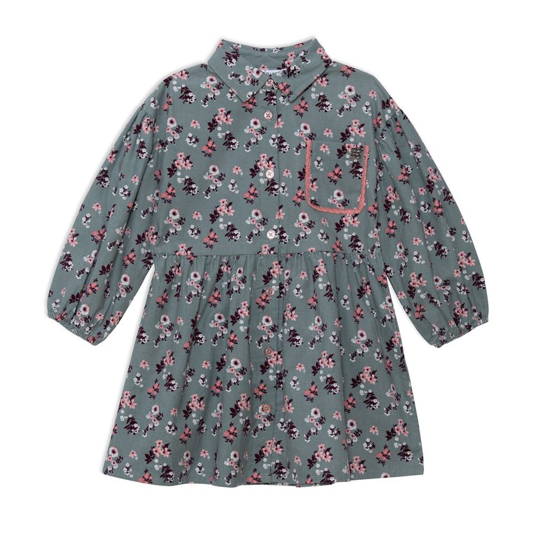 Long Sleeve Baby Corduroy Printed Dress - Green With Printed Flowers