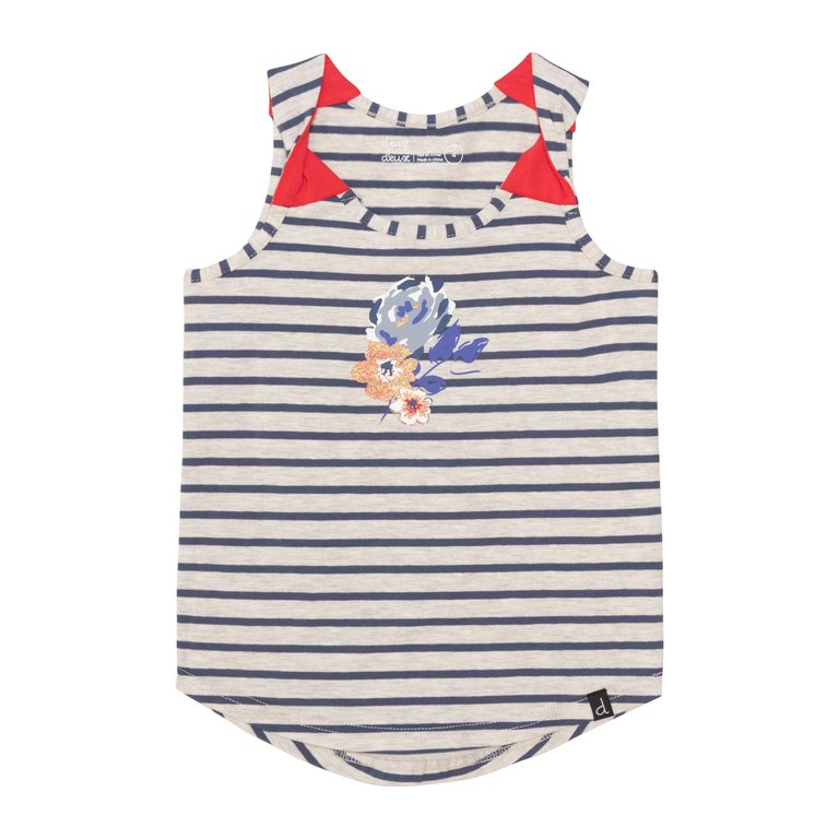 Organic Cotton Graphic Tank Top - Oatmeal Mix And Navy Blue Stripes - Oatmeal Mix/Navy Blue
