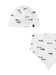 Organic Cotton Hat And Bib Set - White Fish Print - White Fish Print