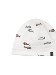 Organic Cotton Hat And Bib Set - White Fish Print
