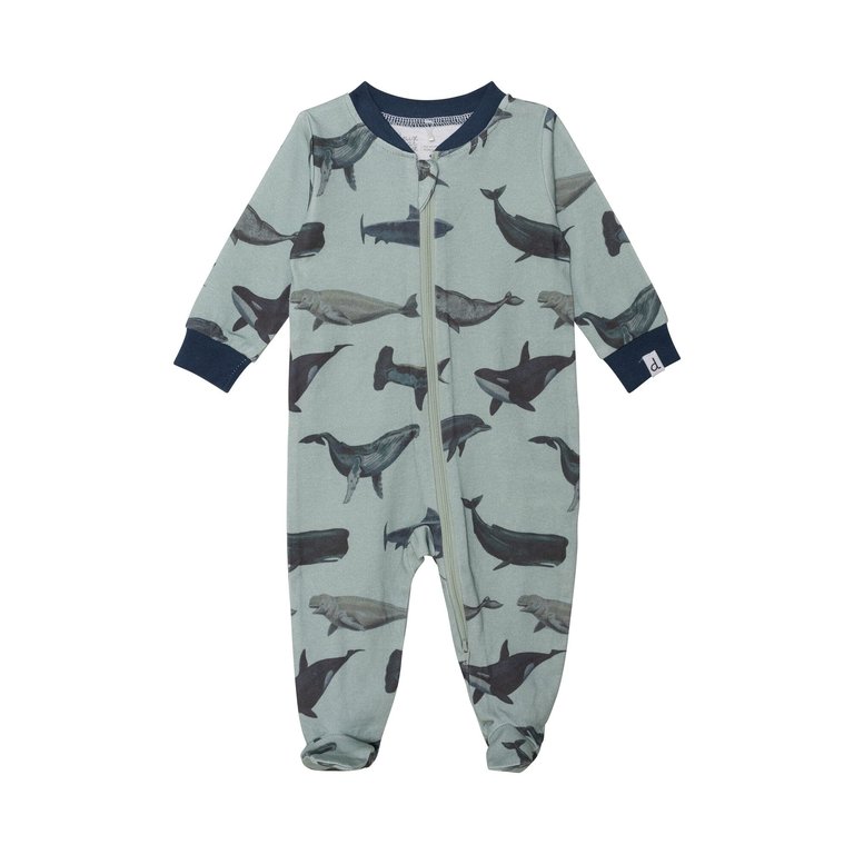 Organic Cotton One Piece Printed Pajama - Blue Sharks And Whales - Blue Sharks/Whales