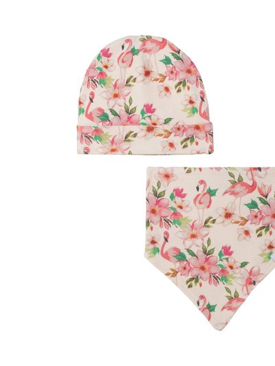 Deux Par Deux Organic Cotton Printed Hat & Bib Set In Beige Flamingos product