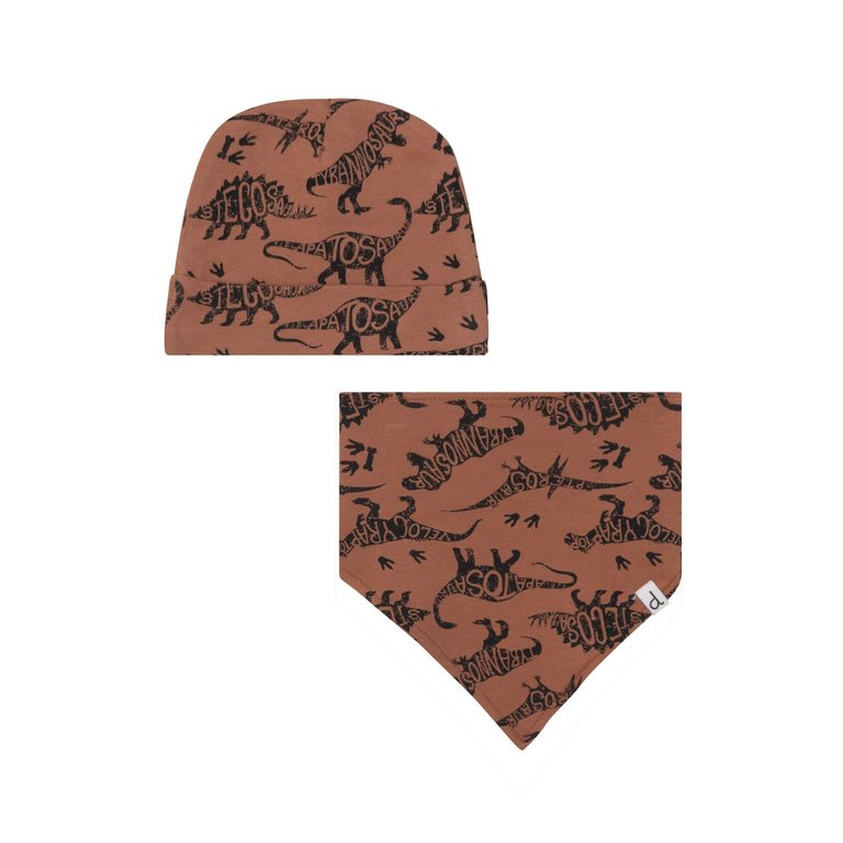 Organic Cotton Printed Hat & Bib Set In Chocolate Dinosaurs - Chocolate Dinosaurs