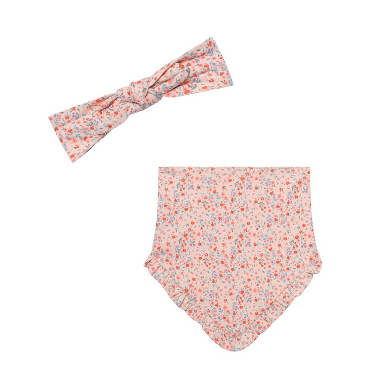 Organic Cotton Printed Headband & Bib Set - Pink Little Flowers Print