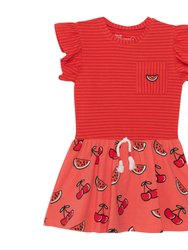 Organic Cotton Short Sleeve Dress Red Stripe & Coral Cherry Print - Red Stripe / Coral Cherry Print