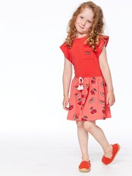 Organic Cotton Short Sleeve Dress Red Stripe & Coral Cherry Print