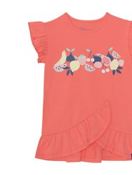 Organic Cotton Short Sleeve Graphic Tunic With Frill - Coral