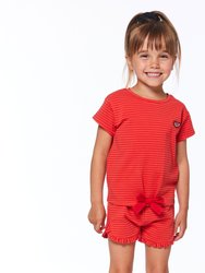 Organic Cotton Striped Short Sleeve Top With Bow Red