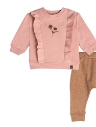 Organic Cotton Top And Pant Set - Dusty Pink/Oatmeal Mix - Ruffles Dusty Pink