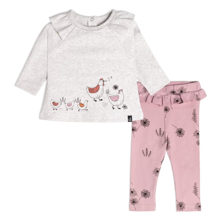 Organic Cotton Top And Pant Set - Dusty Purple/Beige - Flower Print Beige Mix And Dusty Purple