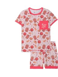 Organic Cotton Two Piece Short Pajama Set Light Pink Popcorn & Lollipop Print - Light Pink Printed Popcorn & Lollipop