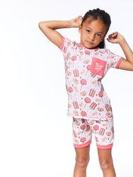 Organic Cotton Two Piece Short Pajama Set Light Pink Popcorn & Lollipop Print