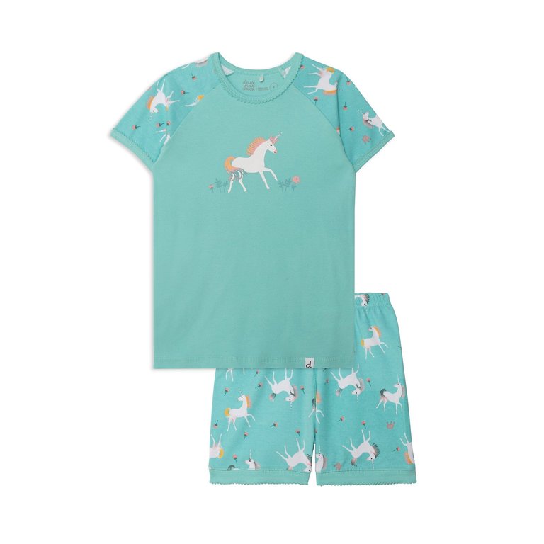 Organic Cotton Two Piece Short Pajama Set Turquoise Unicorn Print - Turquoise Unicorns Print