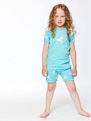 Organic Cotton Two Piece Short Pajama Set Turquoise Unicorn Print