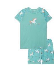 Organic Cotton Two Piece Short Pajama Set Turquoise Unicorn Print - Turquoise Unicorns Print