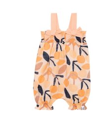 Printed Cotton Romper With Bow - Peach Cherry
