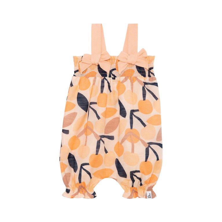 Printed Cotton Romper With Bow - Peach Cherry