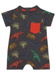 Printed French Terry Romper - Charcoal Grey Multicolor Dinosaurs