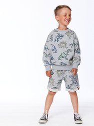 Printed French Terry Short - Light Heather Grey Dinosaurs