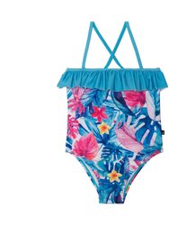 Printed One Piece Swimsuit - Blue Tropical - Blue Tropical