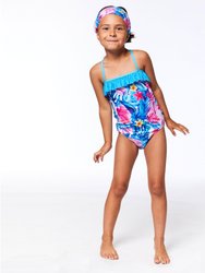 Printed One Piece Swimsuit - Blue Tropical