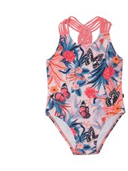 Printed One Piece Swimsuit Pink & Blue Butterflies - Pink & Blue