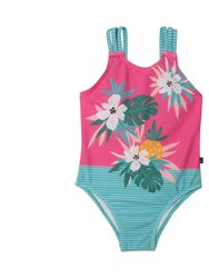 Printed One Piece Swimsuit Pink & Green Tropical Flowers - Pink & Green