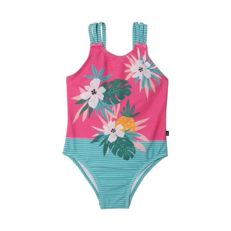 Printed One Piece Swimsuit Pink & Green Tropical Flowers - Pink & Green